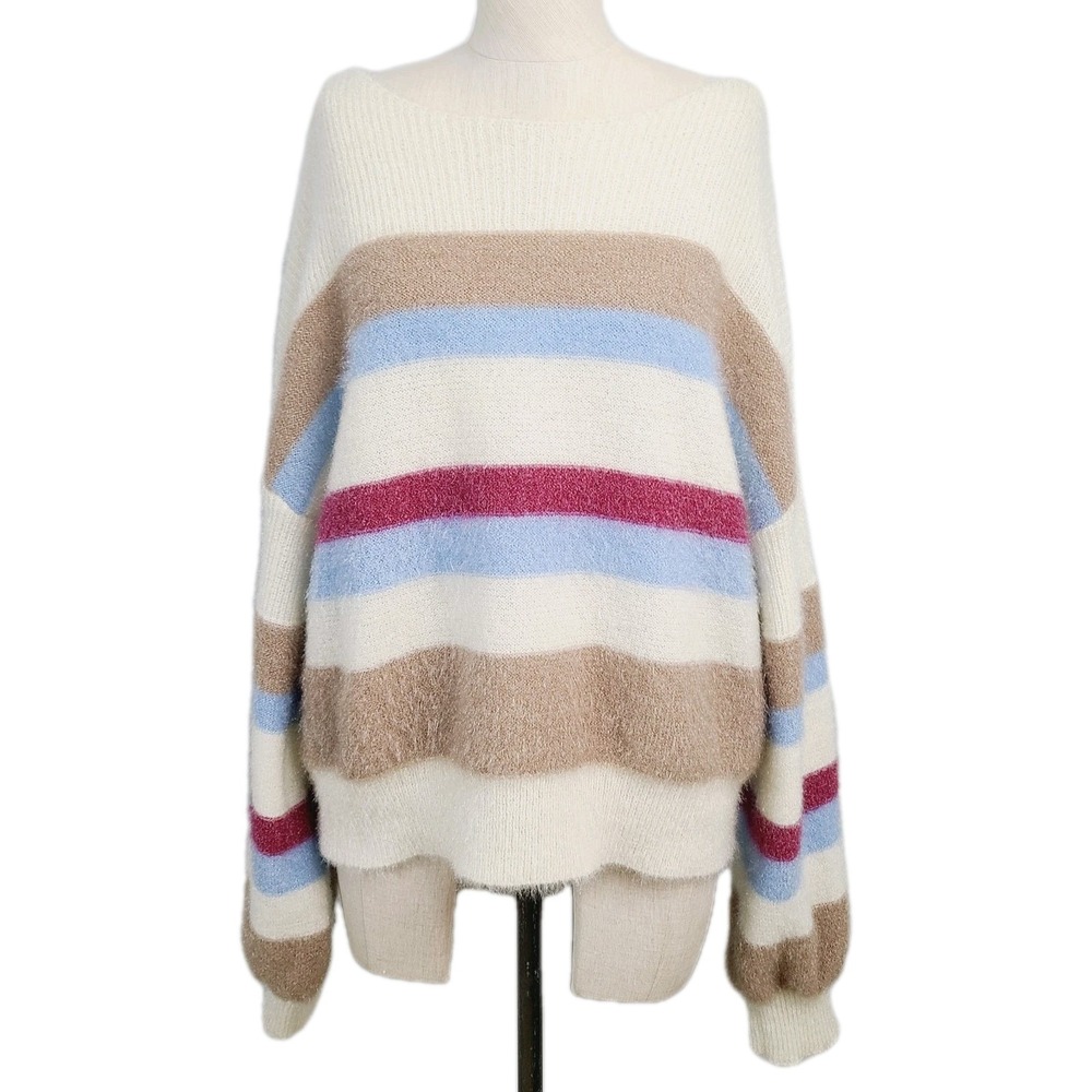 Flat White Anthro Fluffy‎ Stripe Cozy Multicolor Oversized Sweater M Fall Winter